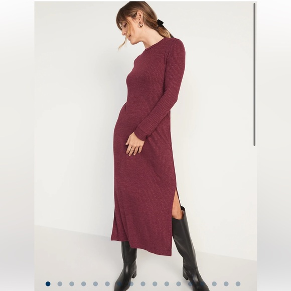 Rib-Knit Long-Sleeve Maxi Shift Dress for Women Size S Tall - Picture 3 of 4